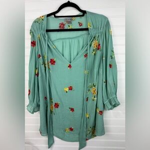 Figueroa & Flower plus size Embroidered Green Floral boho Peasant blouse Size 2X